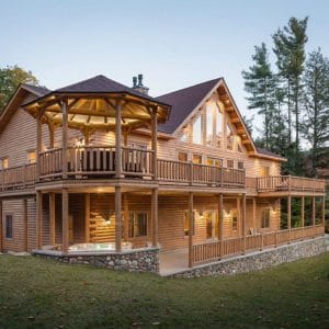back of log cabin with open porches and walkout basement