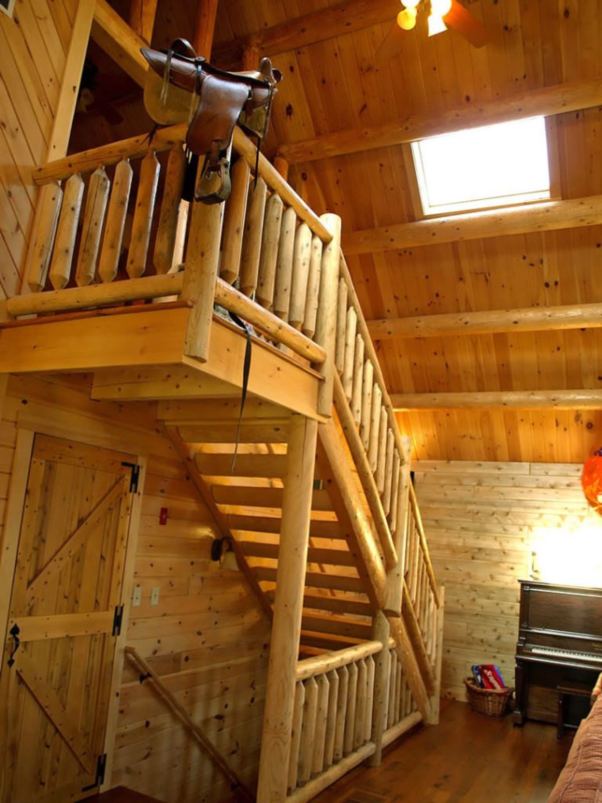 wood staircase inside cabin