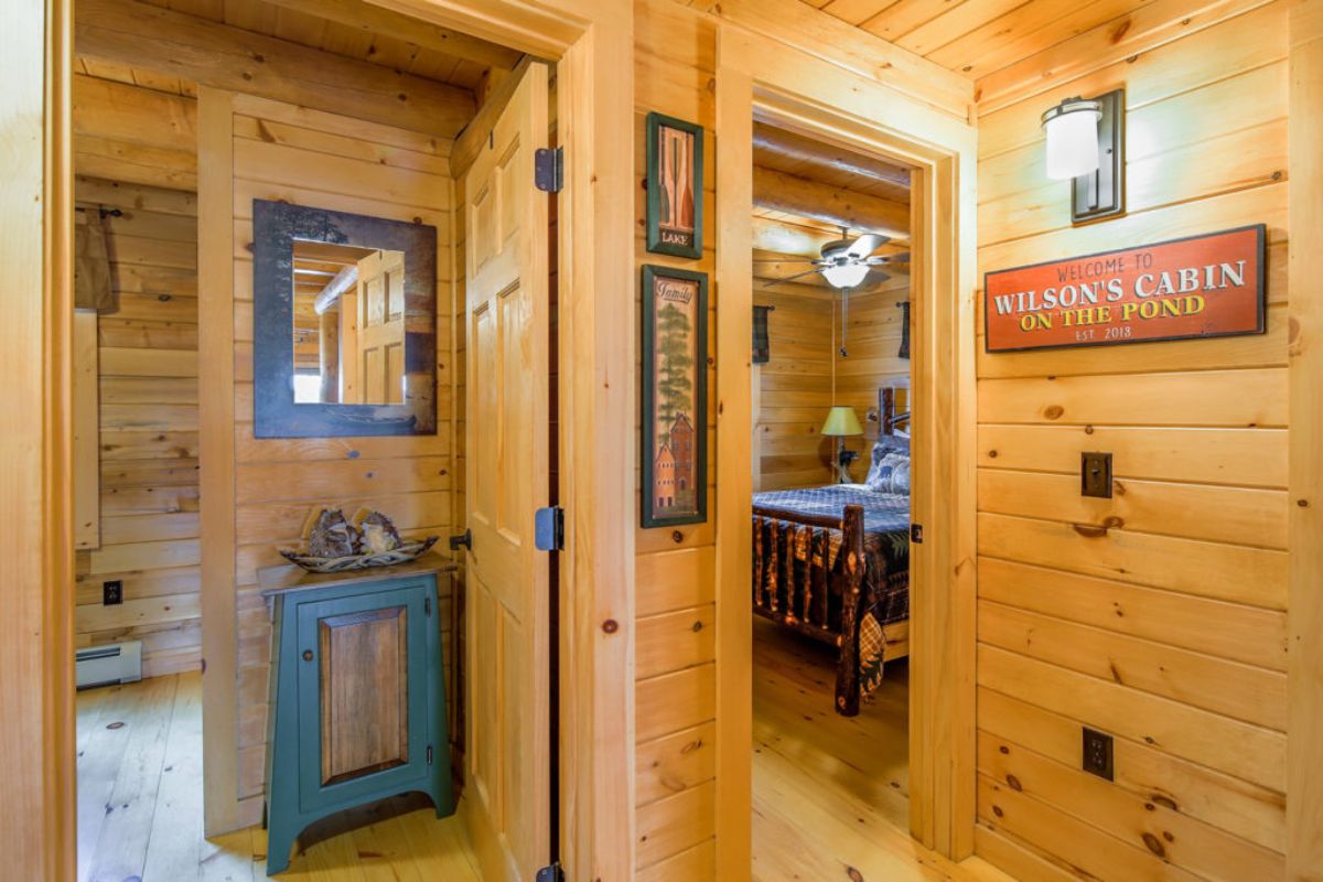 open doorway to bathroom and bedroom on right