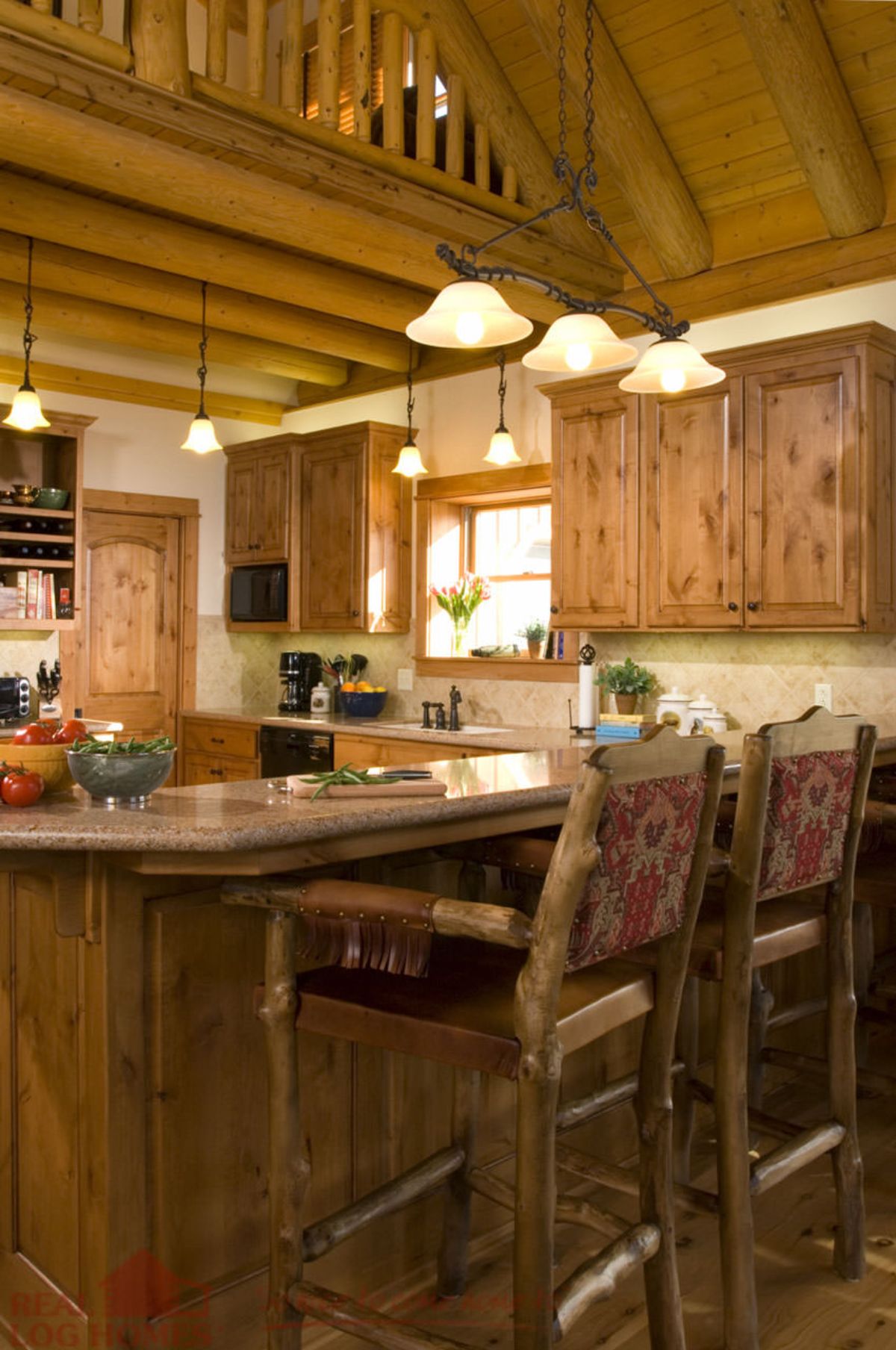 wooden back stools at bar in log cabin kitchen