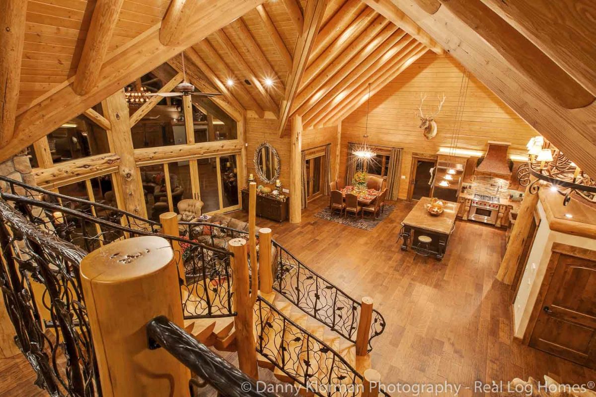view from loft down into great room of log cabin