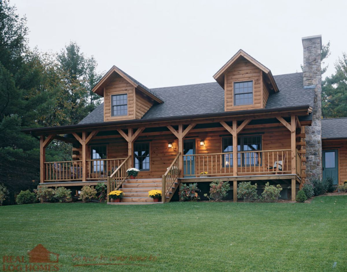 covered porch on front of log cabin