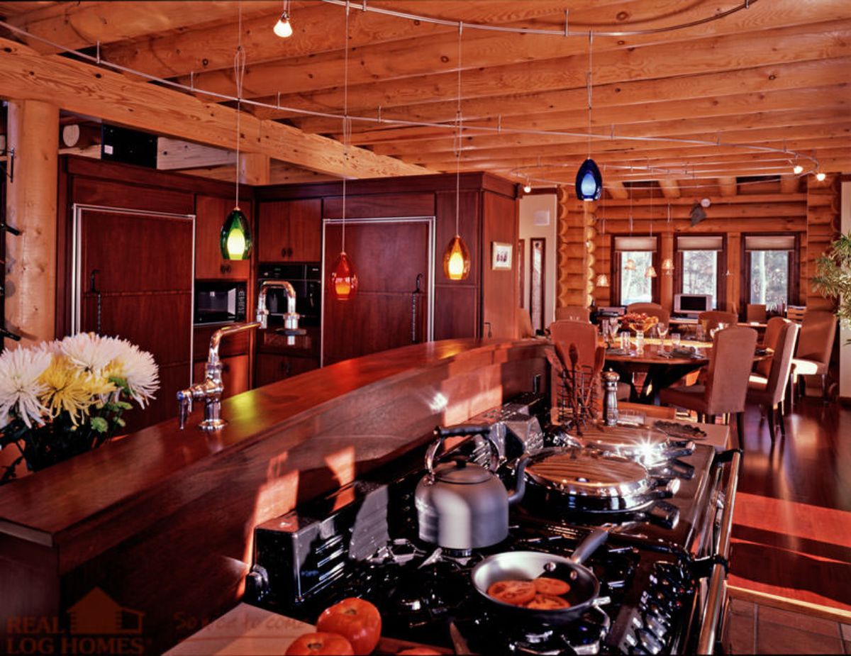 view across kitchen counter with black stove