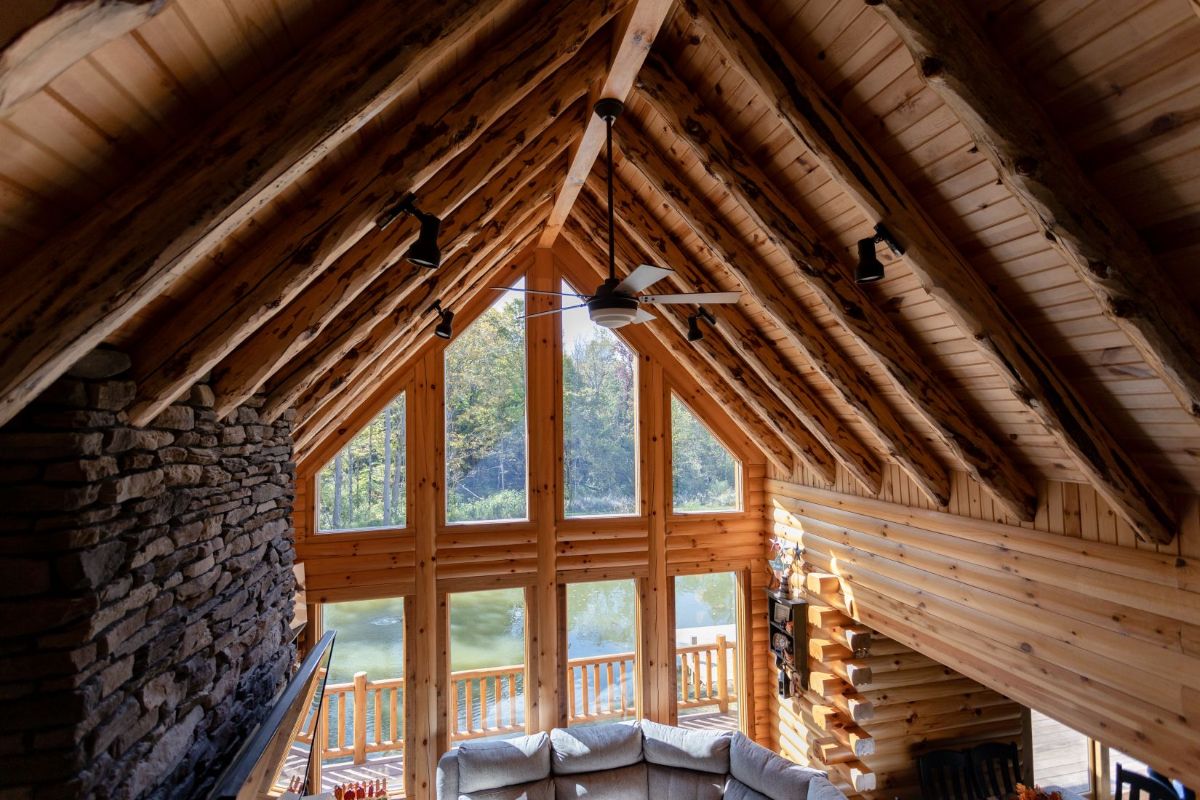 view from loft of great room wall of windows