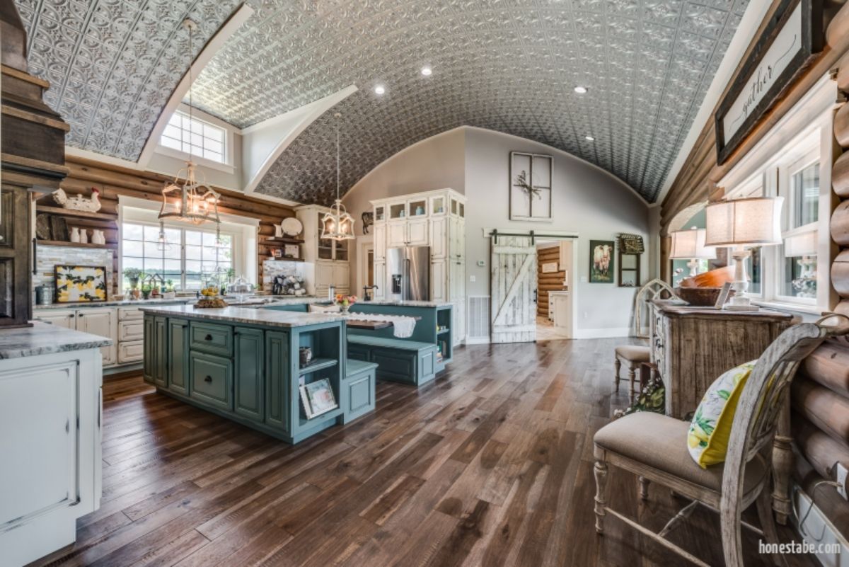 view into kitchen showing white tiled arched ceiling