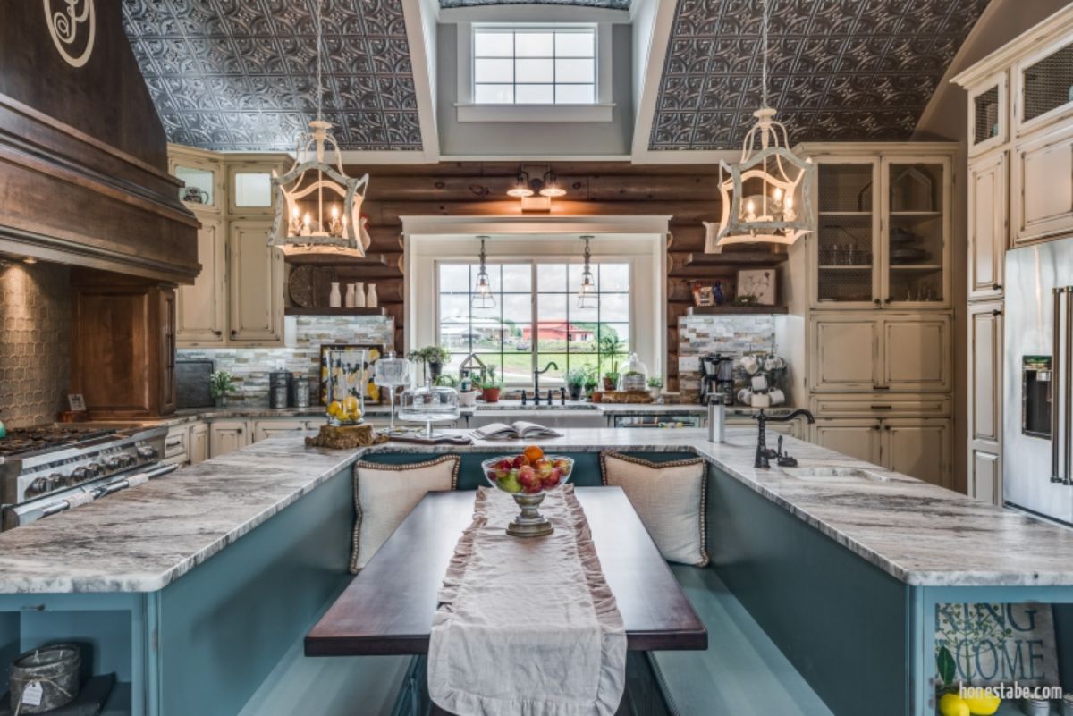 view across dining nook in kitchen with teal accents