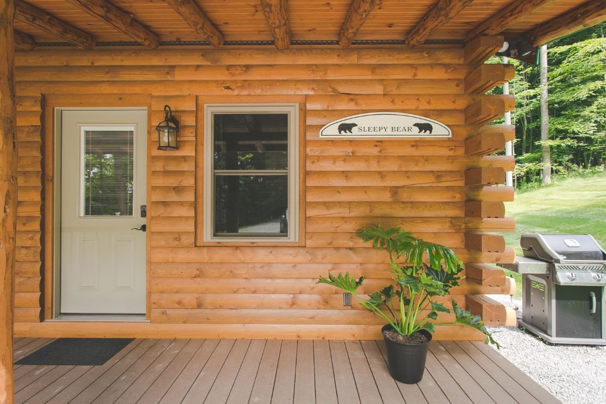 front porch on cabin with white door on let and potted plant on edge at right of image