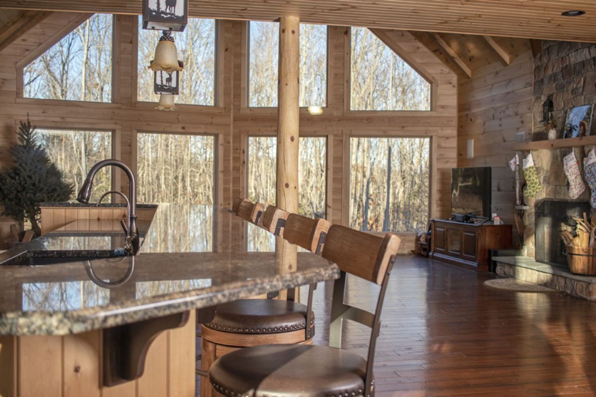 wall of windows on back of room with stools in foreground