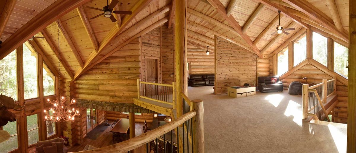 view from stairs into loft of cabin