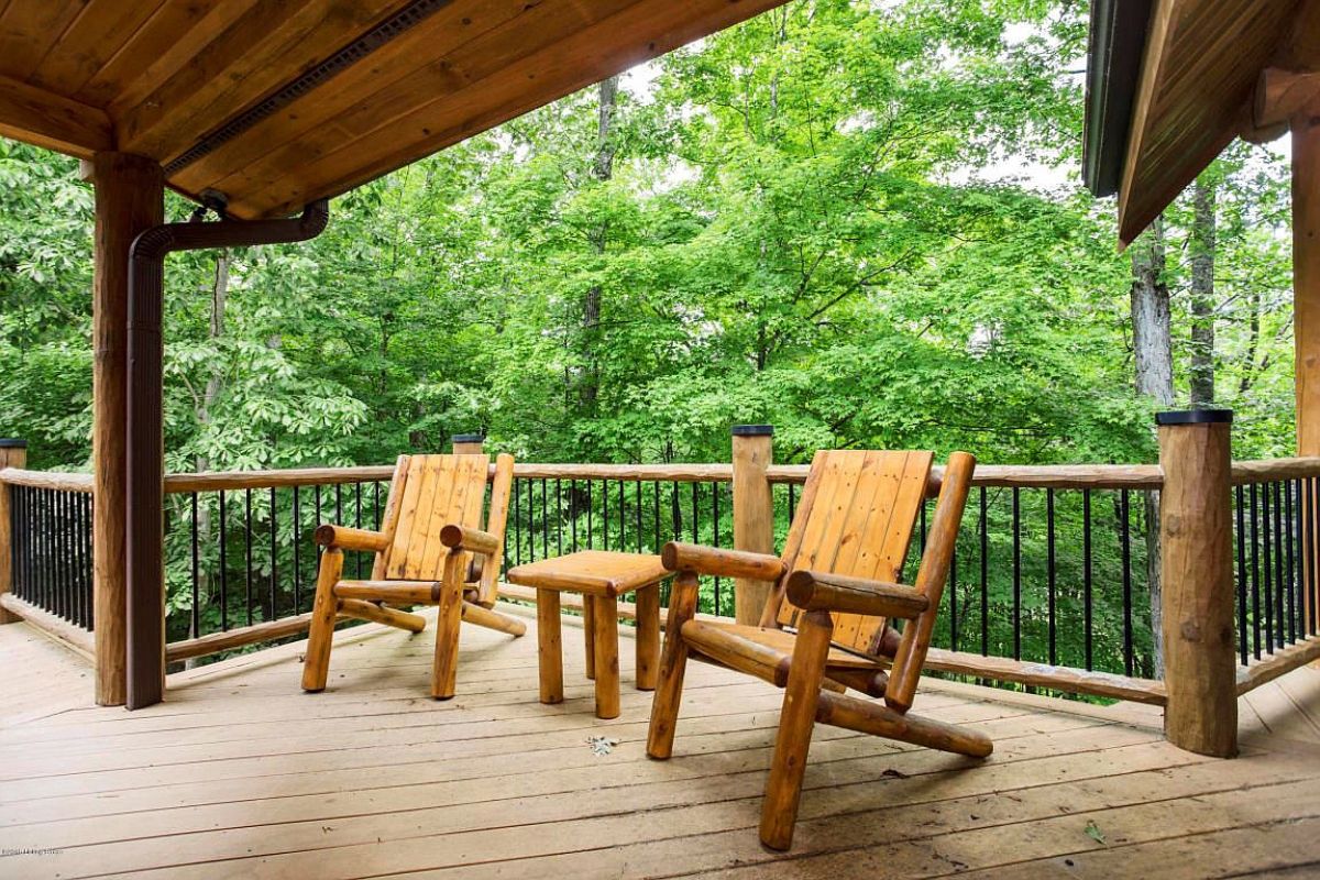 wood adirondack chairs on open deck