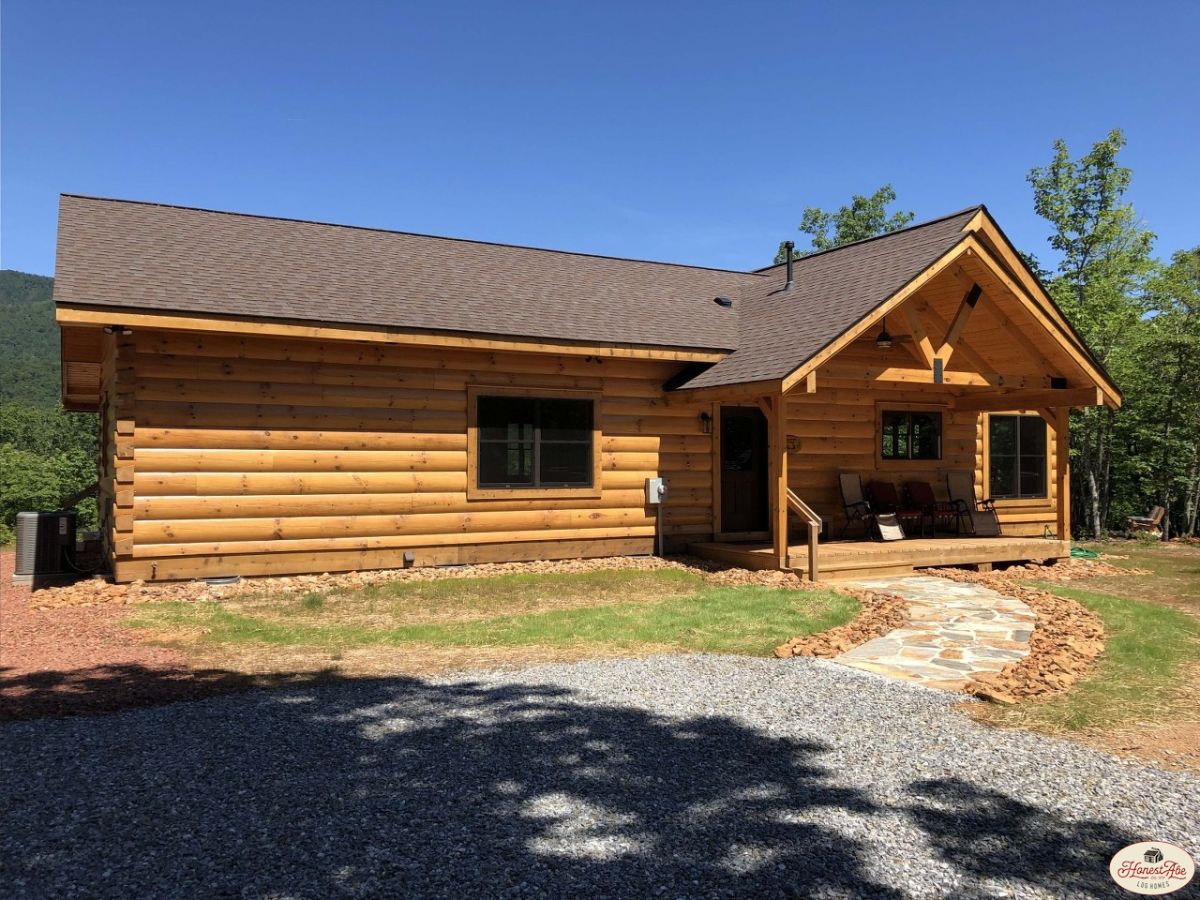 front of log cabin with porch on right front