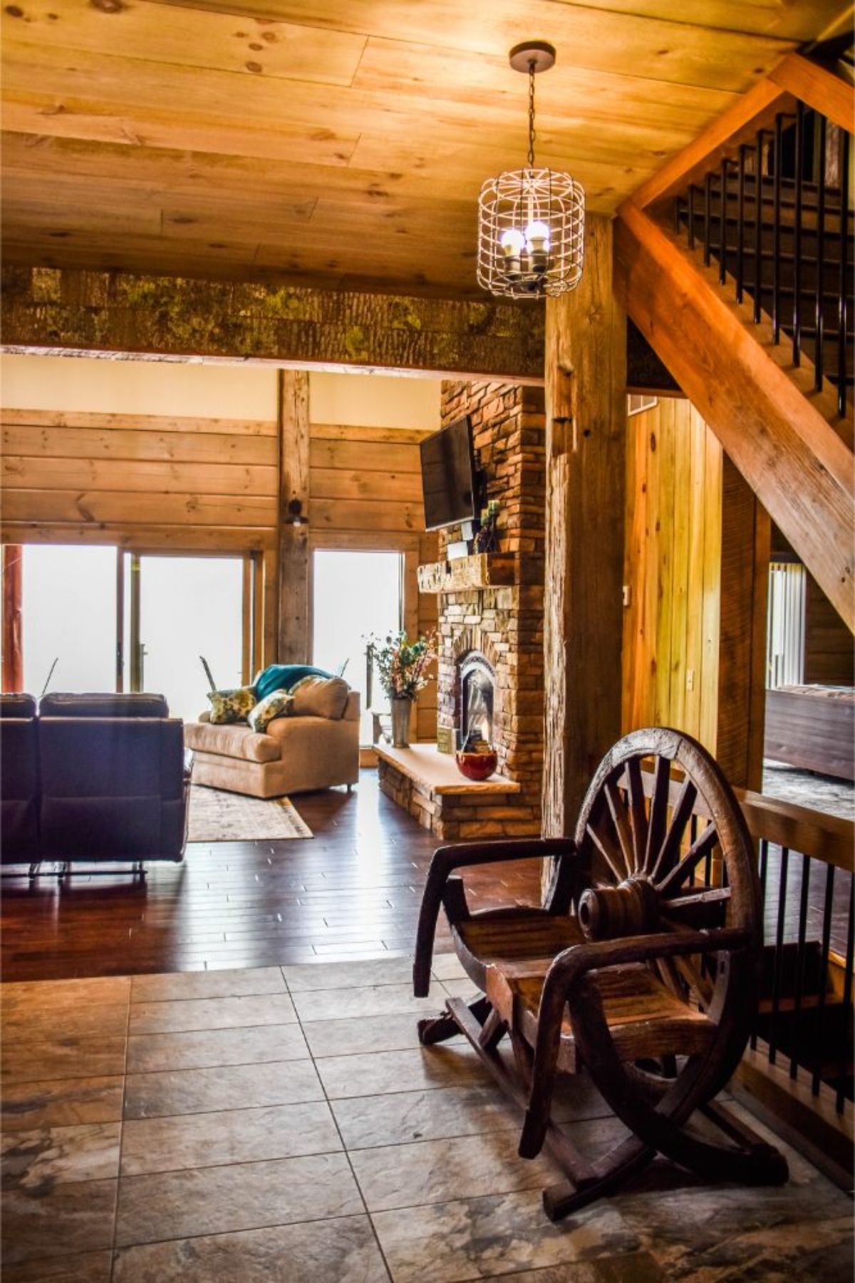 view from entry into log cabin living room