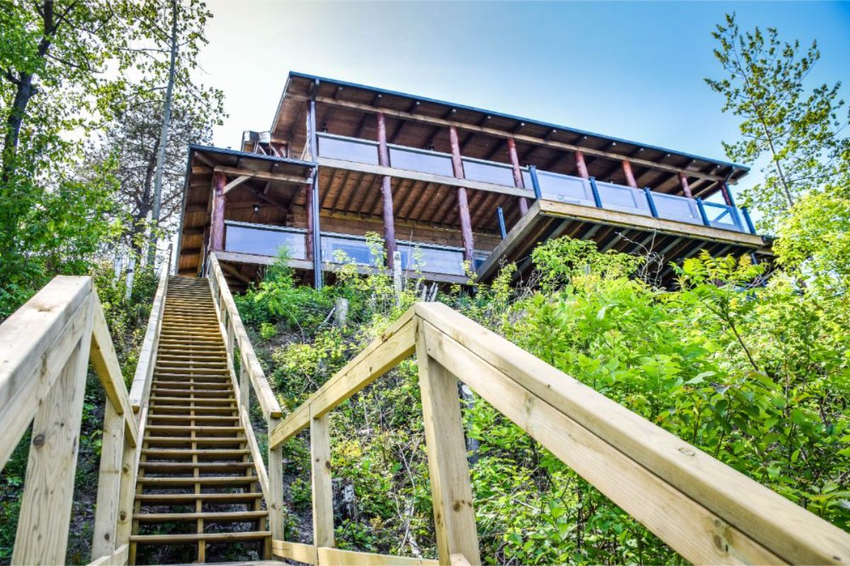 view up stairs to back of log cabin