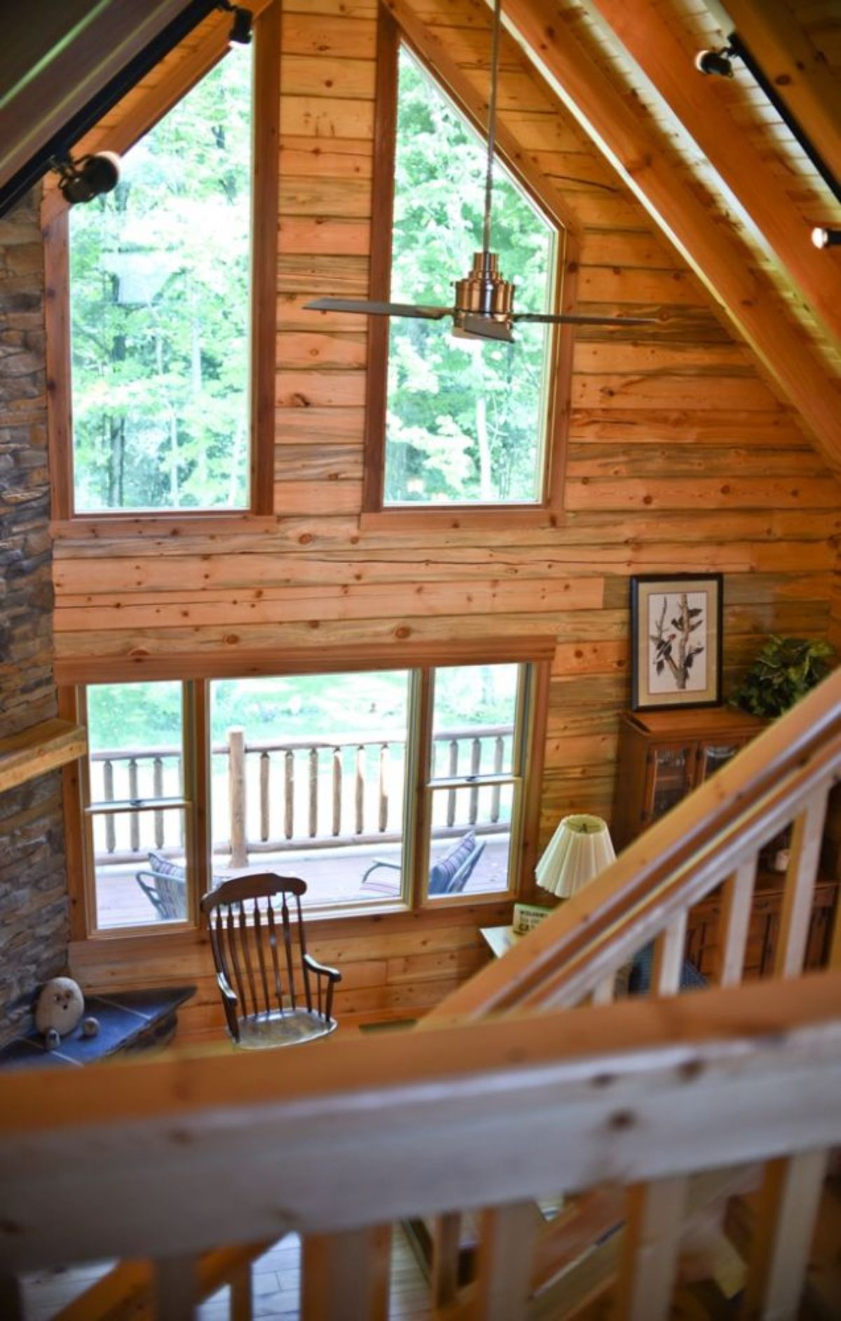 view looking down into great room of log cabin