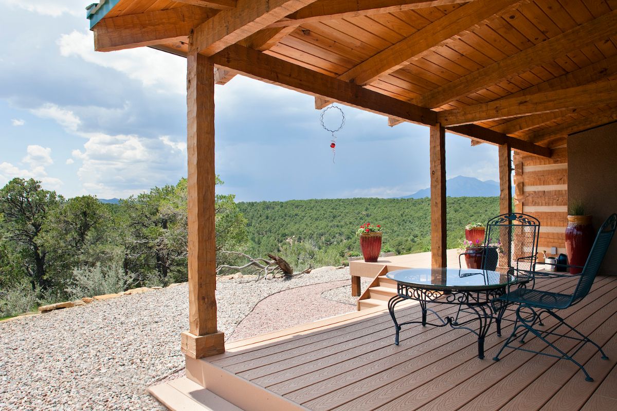 view across porch with table on right side