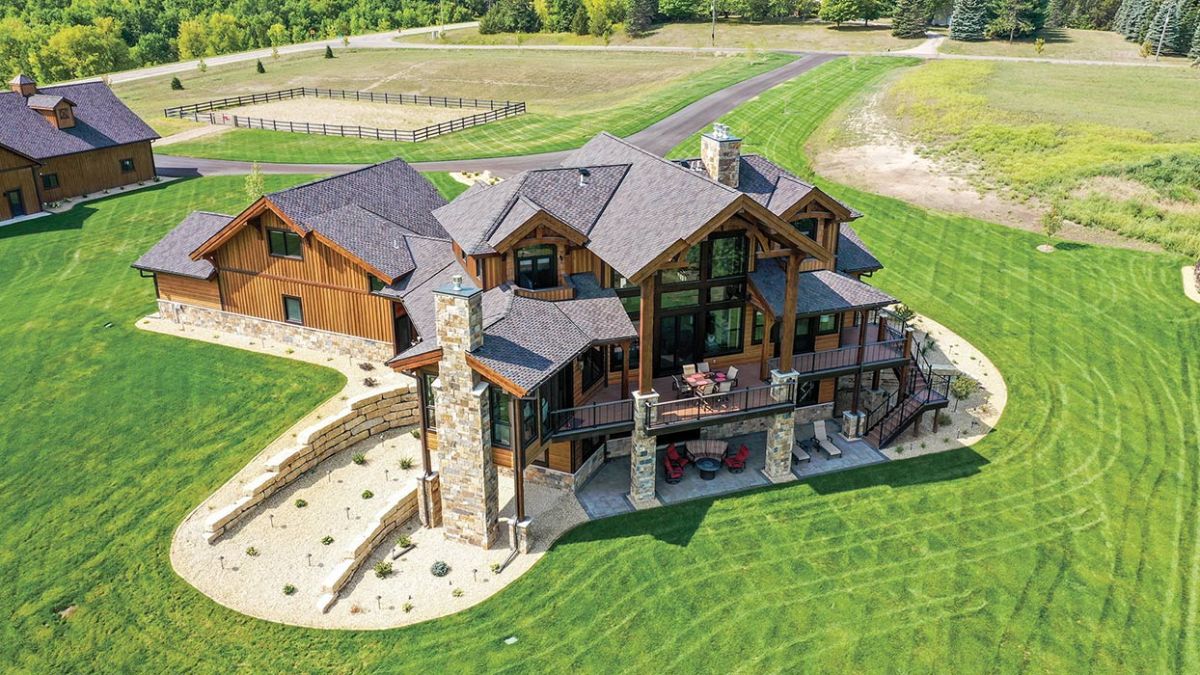 ariel view of cabin on large open field