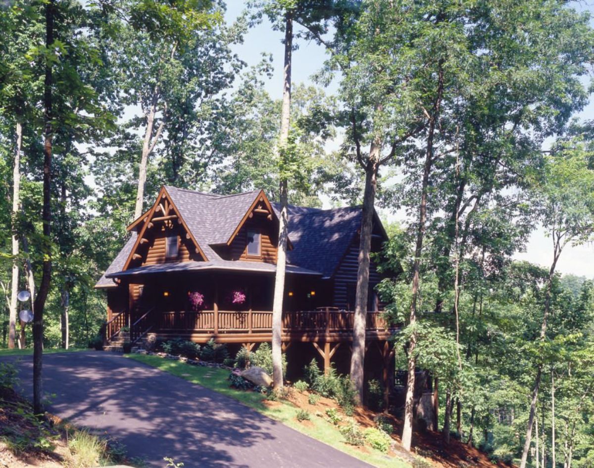 dark wood cabin on hill behind trees