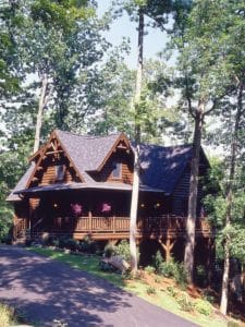dark wood cabin on hill behind trees