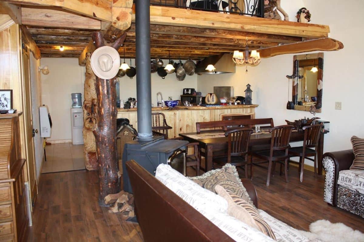 view across cabin living area to kitchen