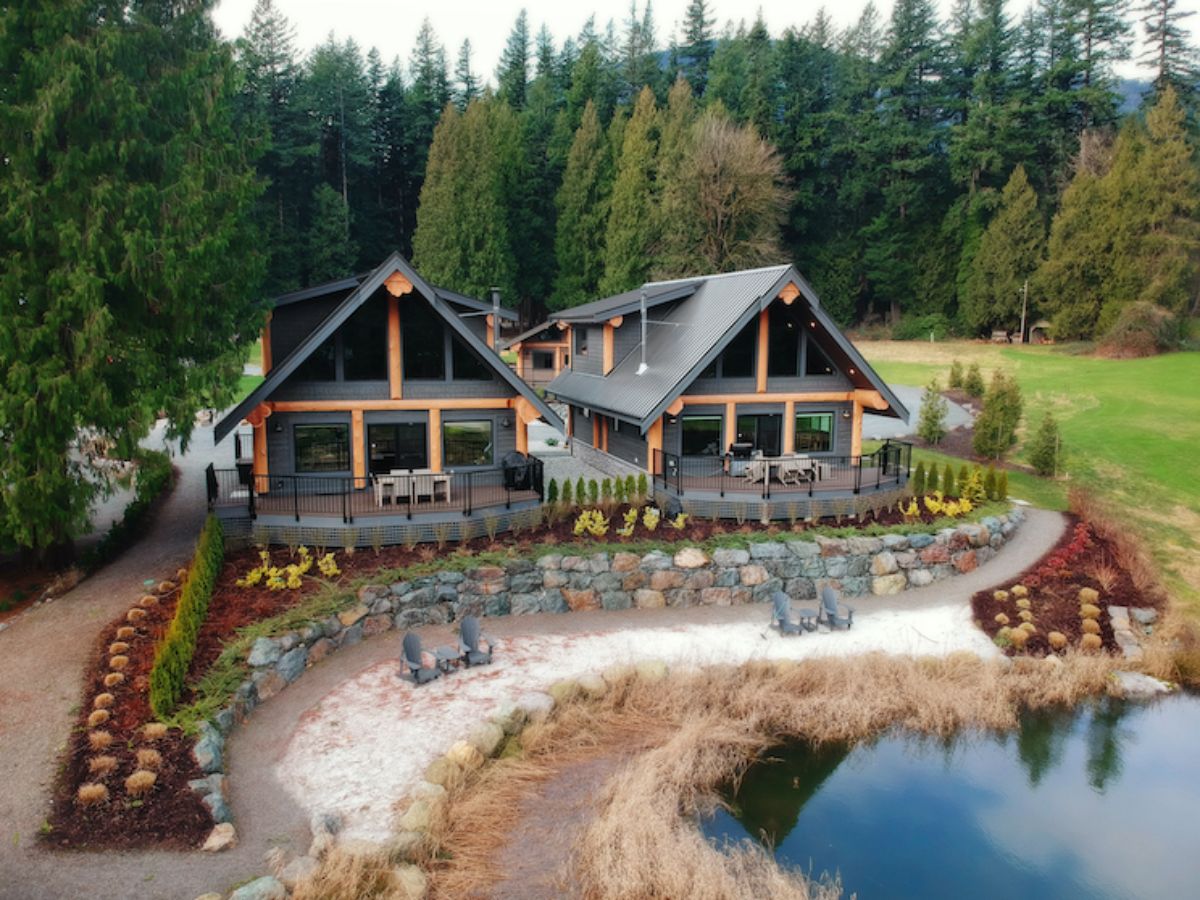 two adjoining gray cabins on pond