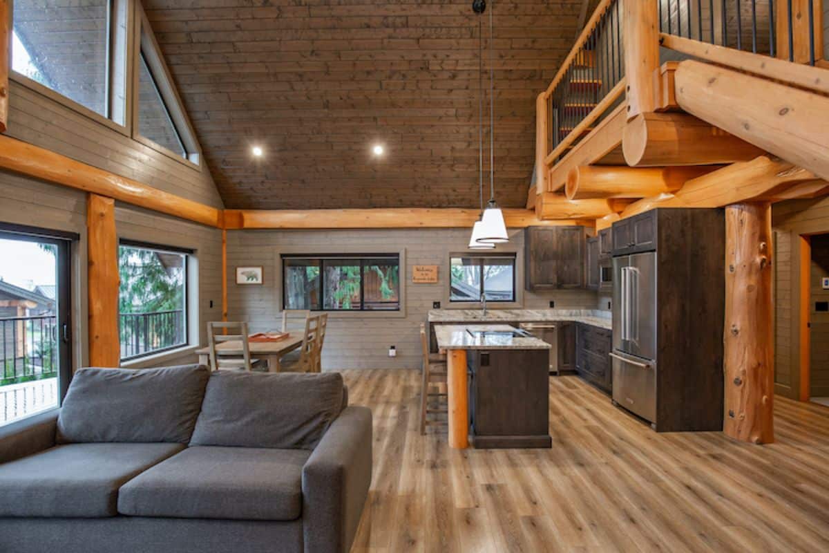 view across living room into dining room