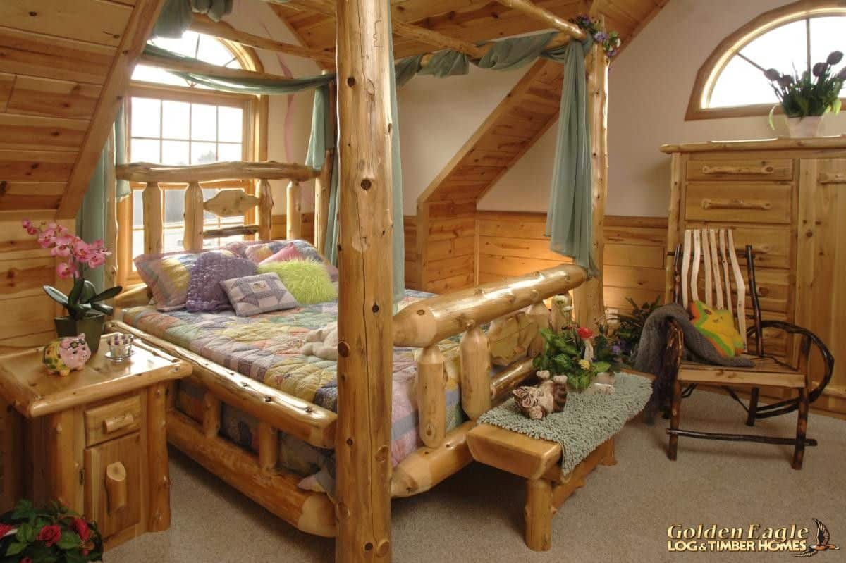 four poster bed with wood bed frame in cabin