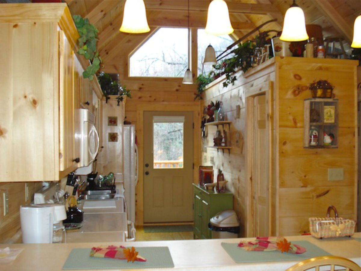 view to back door across kitchen island