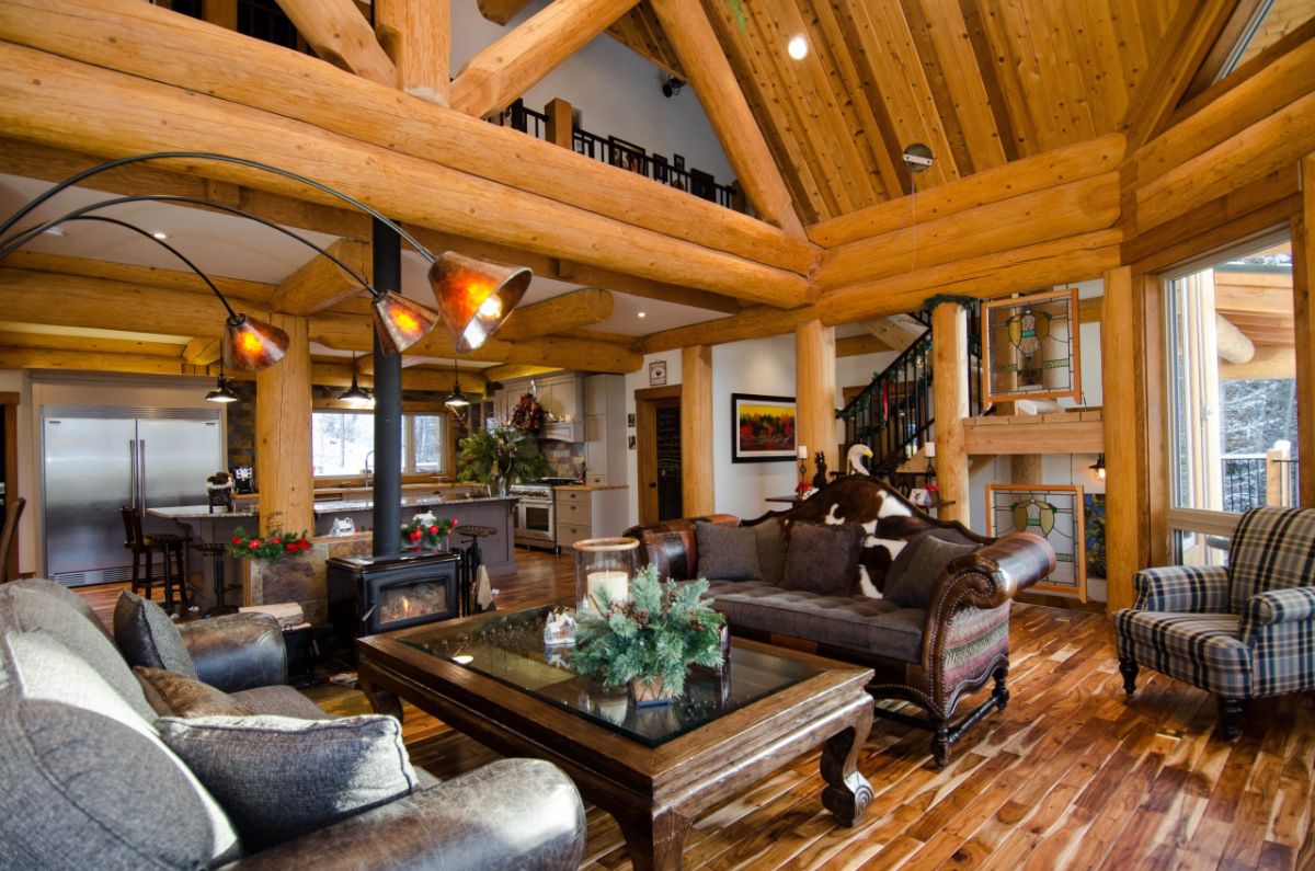 dark brown leather sofa in living room with short wide coffee table