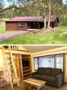 collage image of cabin exterior and living room