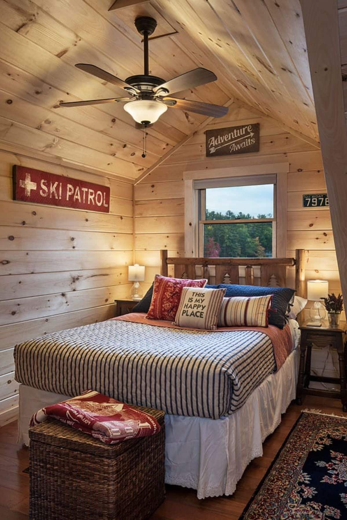 striped bedding on bed under window in log cabin