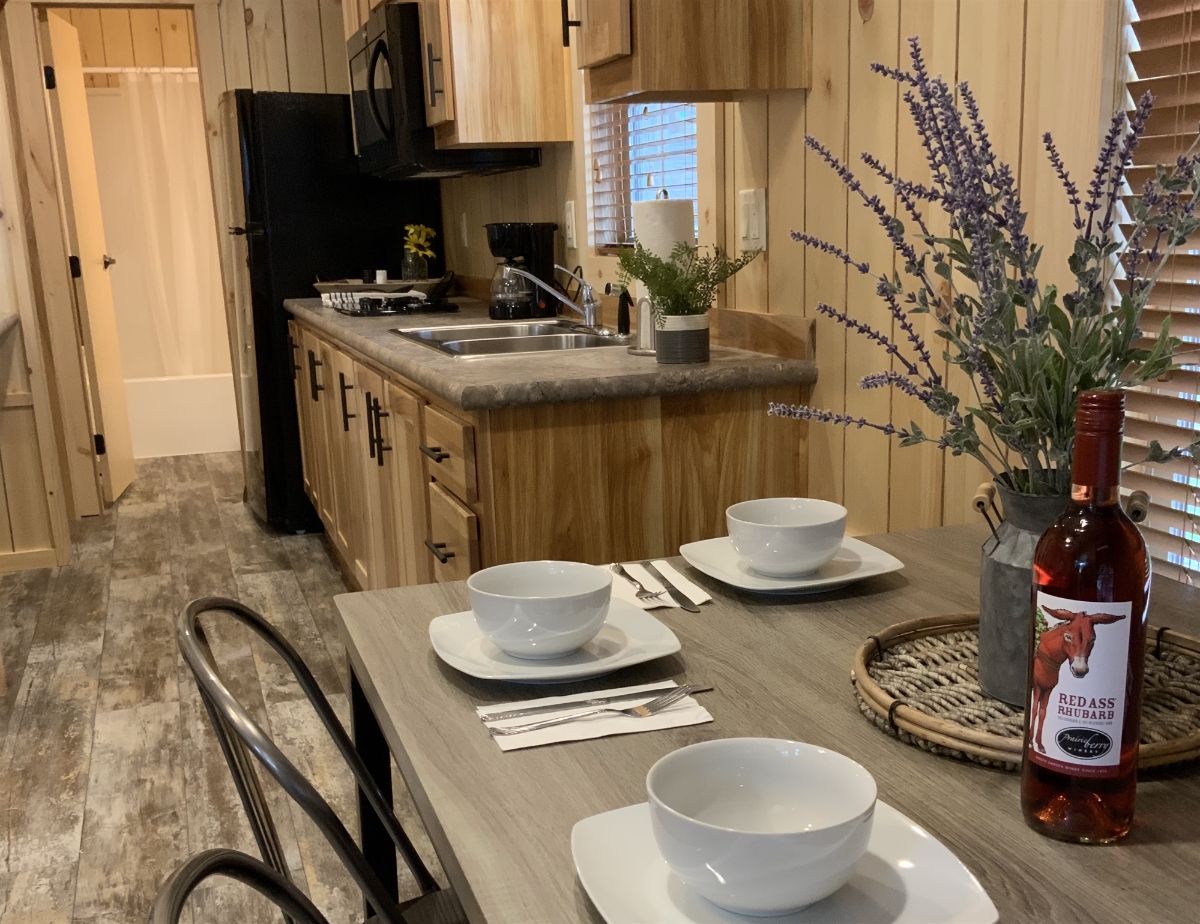 dining table in foreground with kitchenette in background