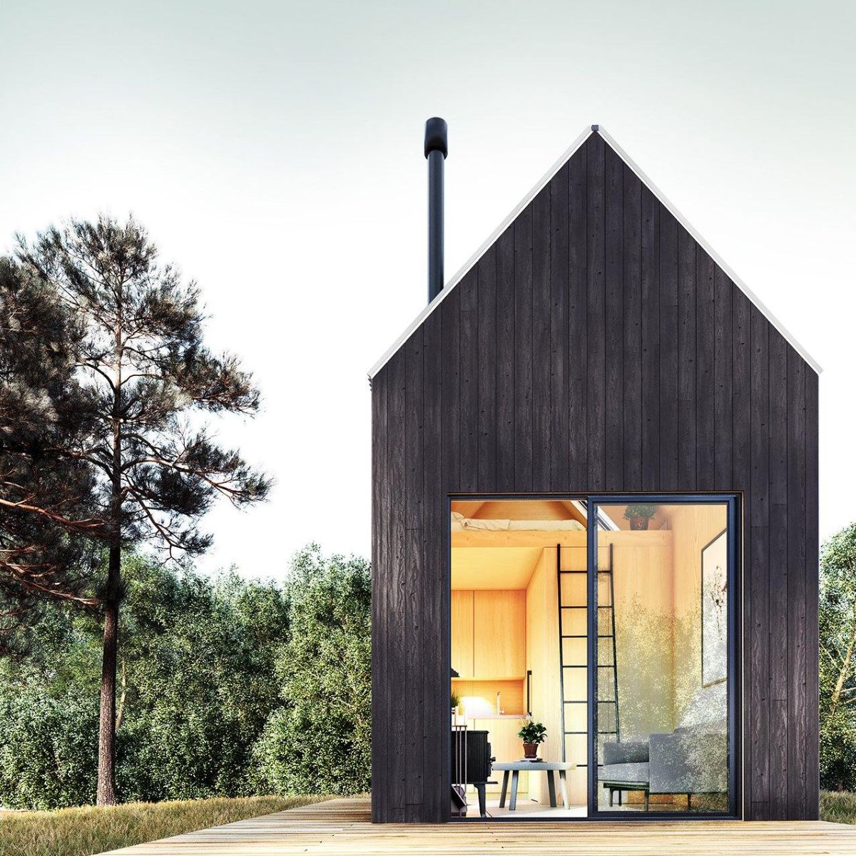 picture window and doors on end of gray cabin