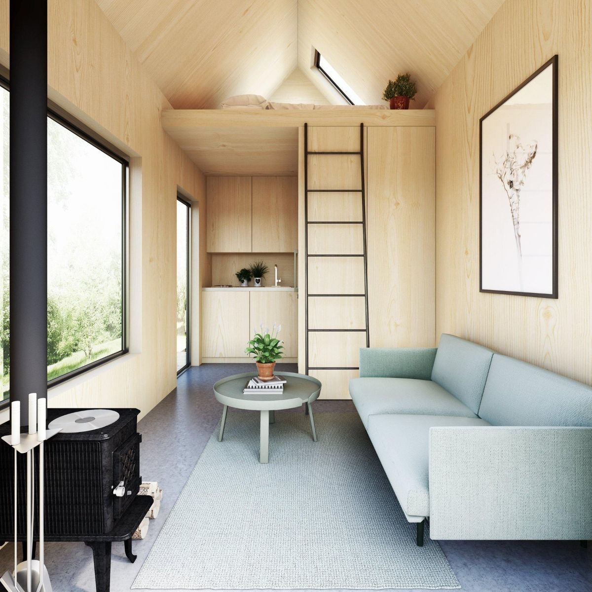 light gray sofa on right wall with black wood stove on left wall