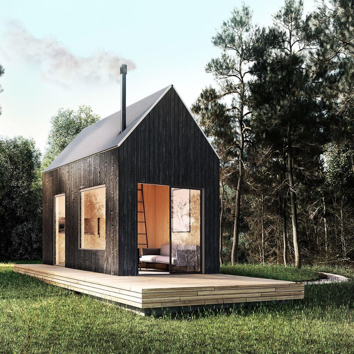 dark gray tiny cabin on wood platform