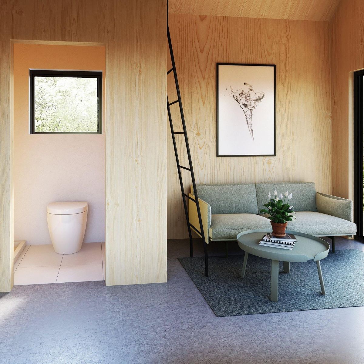 open door to bathroom on left with sofa and ladder to loft on the right