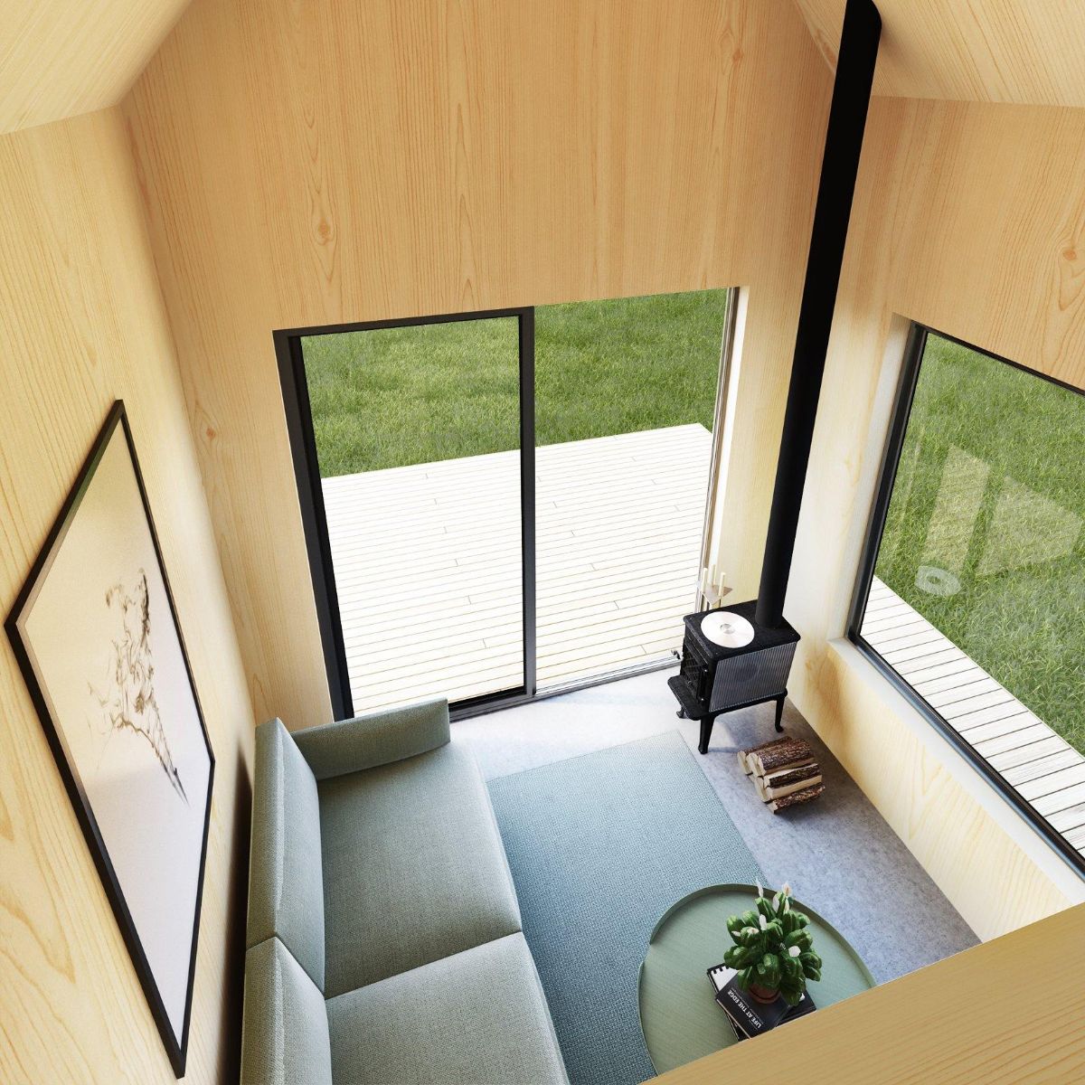 image of living space from loft inside cabin