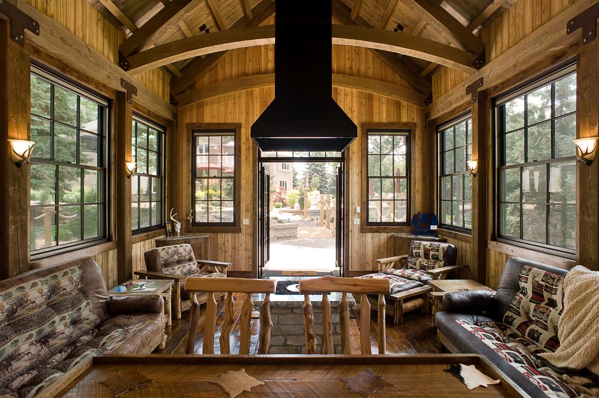 interior of log cabin looking over kitchen counter