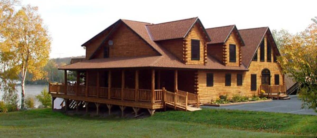 front of cabin with darker brown stain
