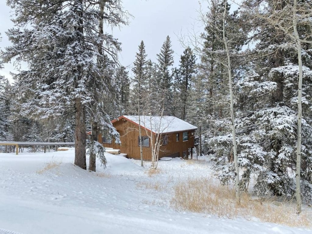 cabin set in woods with snow