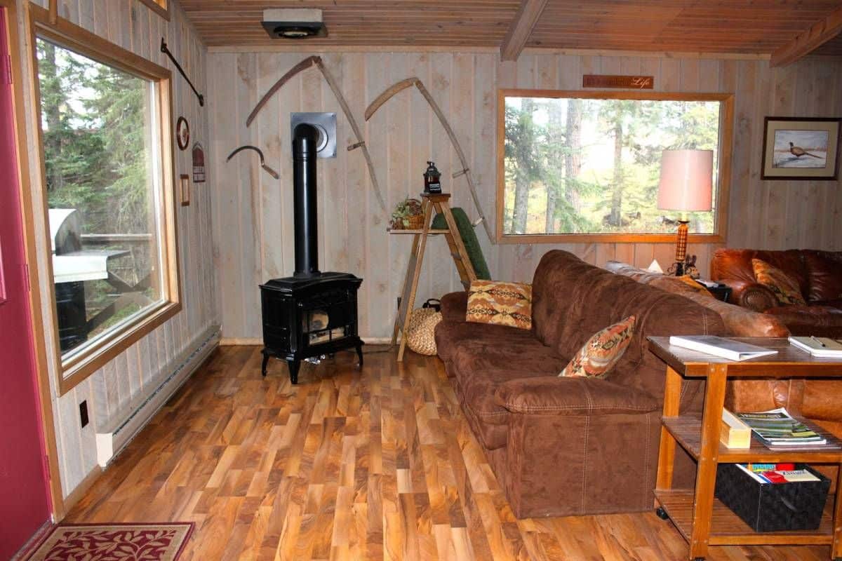 wood stove in corner of room with brown sofa on right