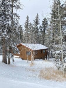 cabin set in woods with snow