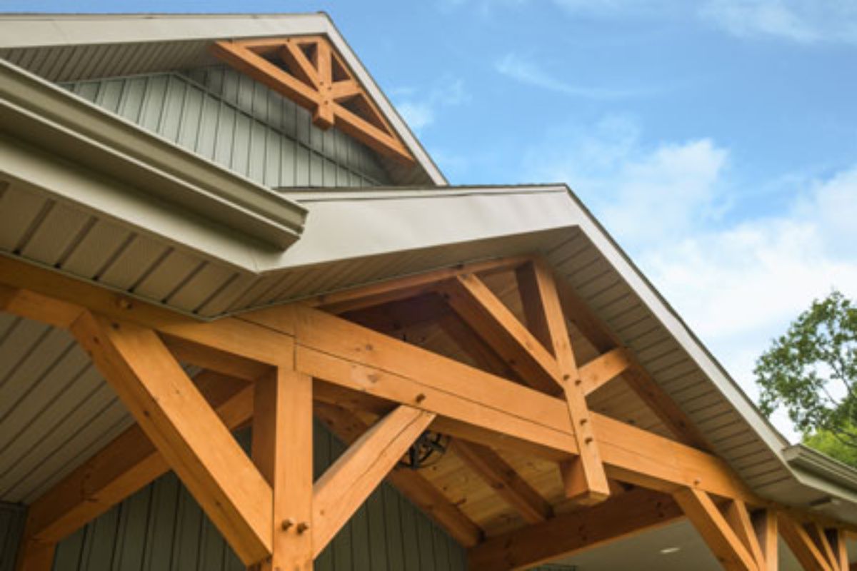 wooden cross beams on porch roofline
