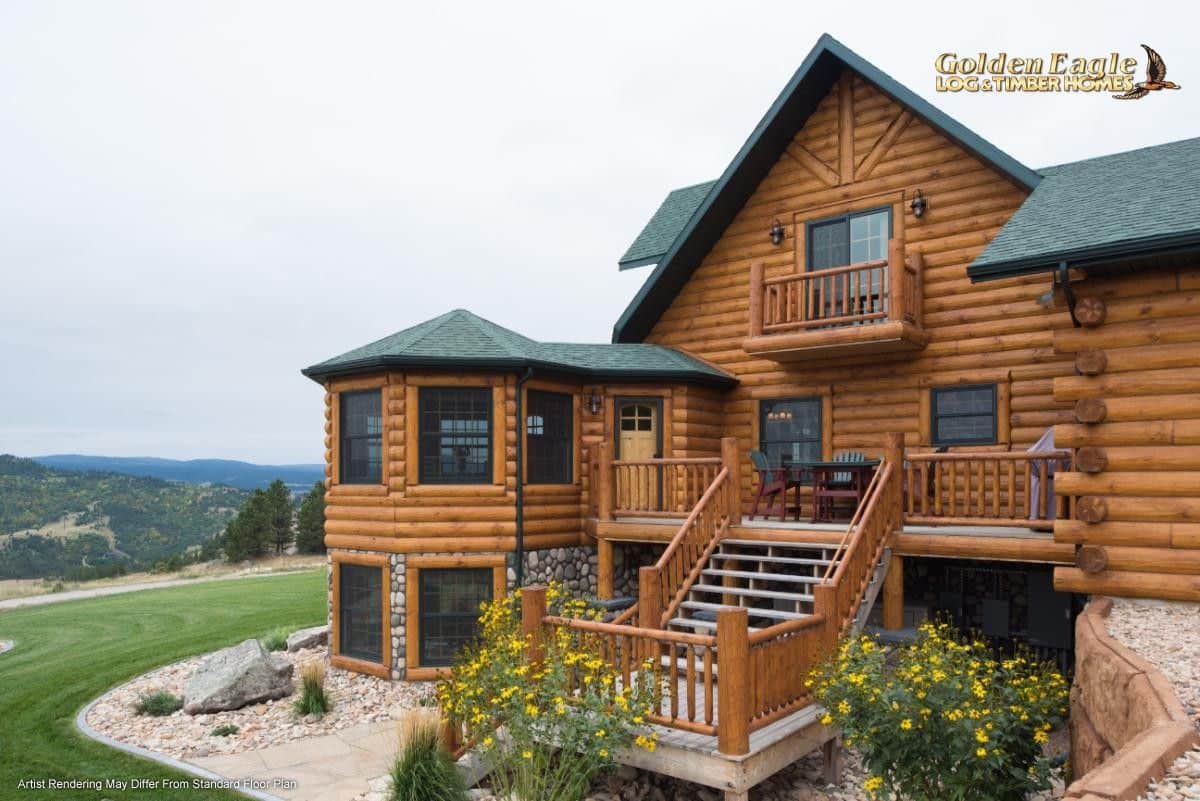 side of log cabin with green roof and gazebo on side